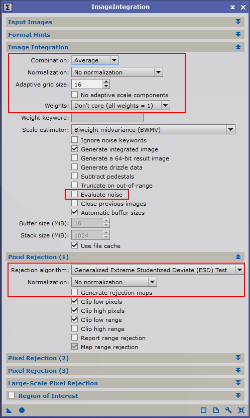 Dark frame integration dialog