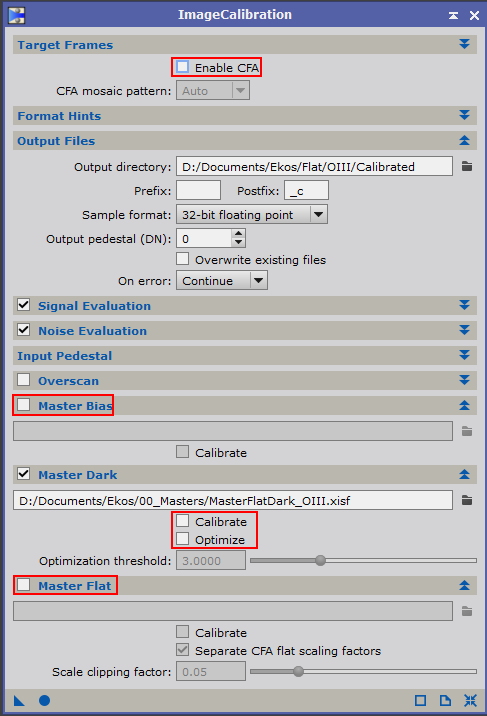 Flat frame calibration dialog